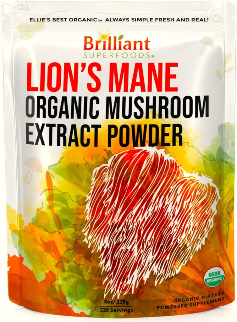 Ellie's Best Lions Mane Mushrom Extract Powder Supplement Organic 228 Servíry - Double Extracted for Highest Potency - Rozpúšťa sa v káve, čaji, šťave atď 8oz
