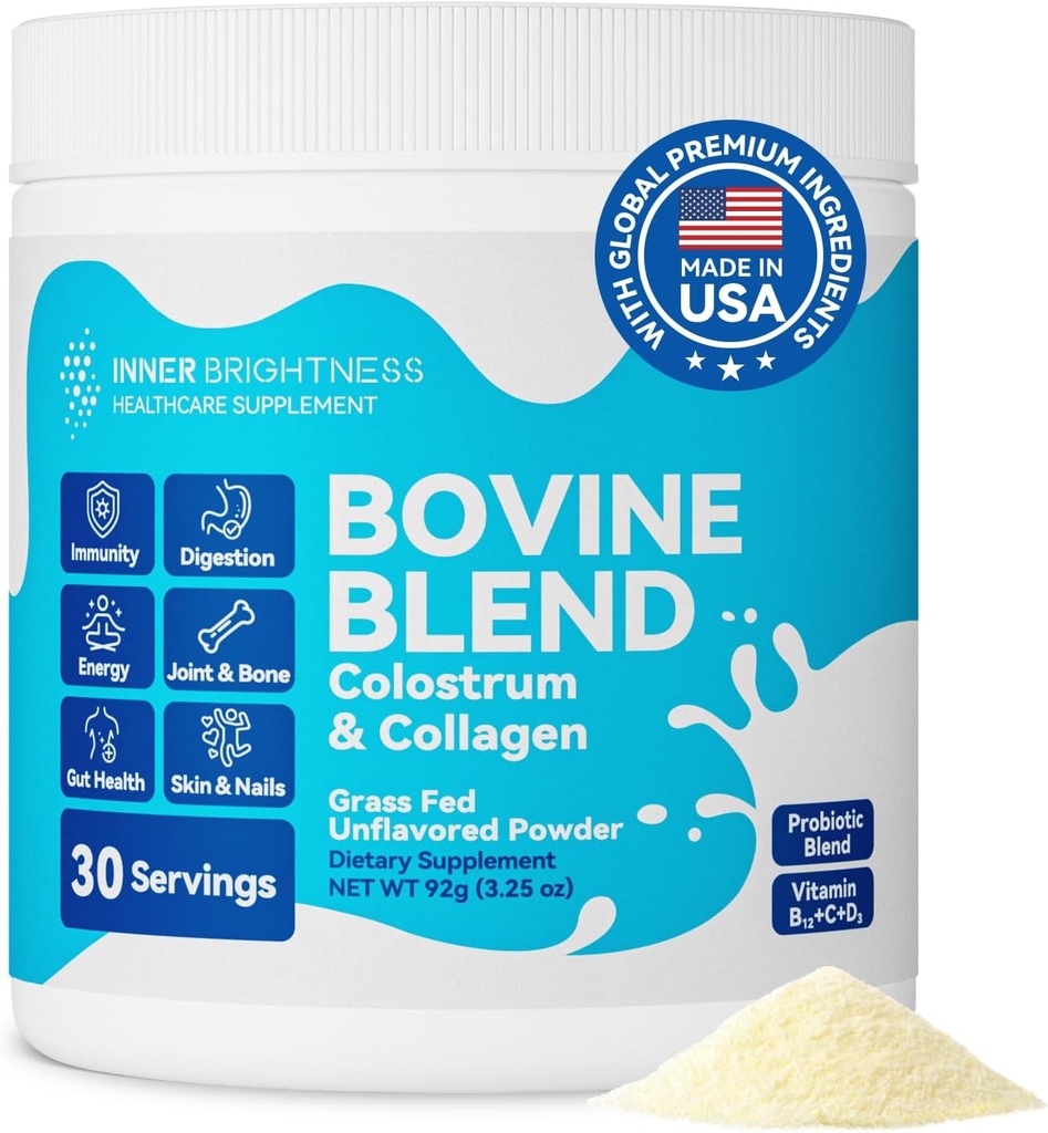 Bovine Colostrum & Collagen Powder for Gut Health, Immune Support, Hair Growth & Beauty Supplement, Cucur Free IgG, Probiotiká, Vitamín B12, C, D3 