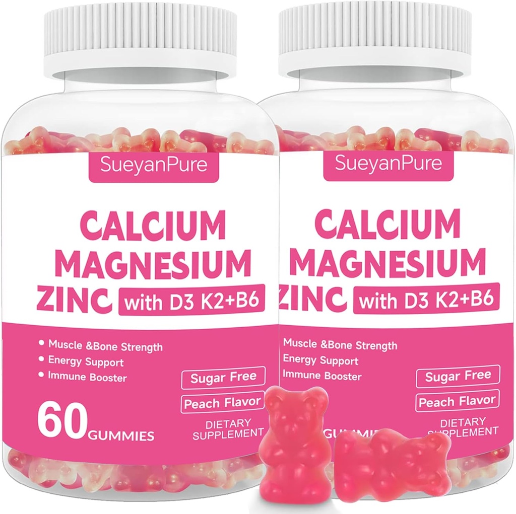 Bezcukorné kalcium Magnézium Zinok Gumies s VC D3 &B6 &K2,600 mg Kalcium Gummy s 300 mg horčíka Podpora Kosť a svalovina pre dospelých a dospievajúcich (60 Počet (Stock of 2))