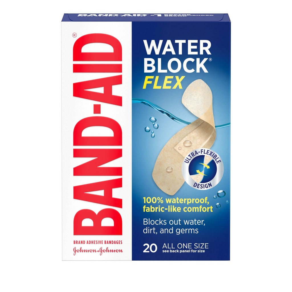 Band-Aid Brand Water Block Flex 100% vodeodolné adhezívne pásy pre prvú pomoc starostlivosť o ranu malých rezov, šrapne a rany, Ultra-Flexibilný dizajn, Sterilný, všetky jedna veľkosť, 20 ot