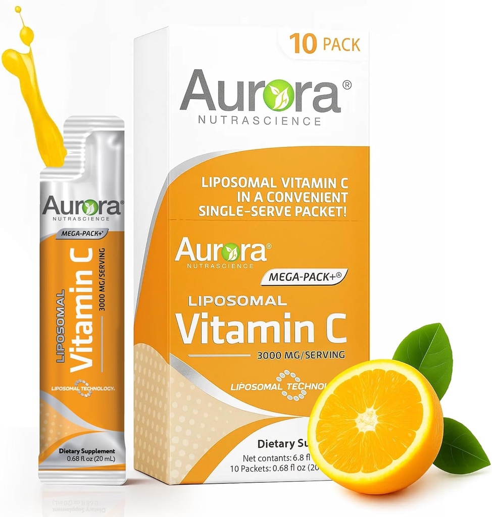 Aurora Nutrascience Mega-Pack Lipozomálne vitamín C, Immune Support, 3,000 mg Per Serving, Vegan, Gluten Free, Non-GMO, 10 Single Serve Pakets, Orange