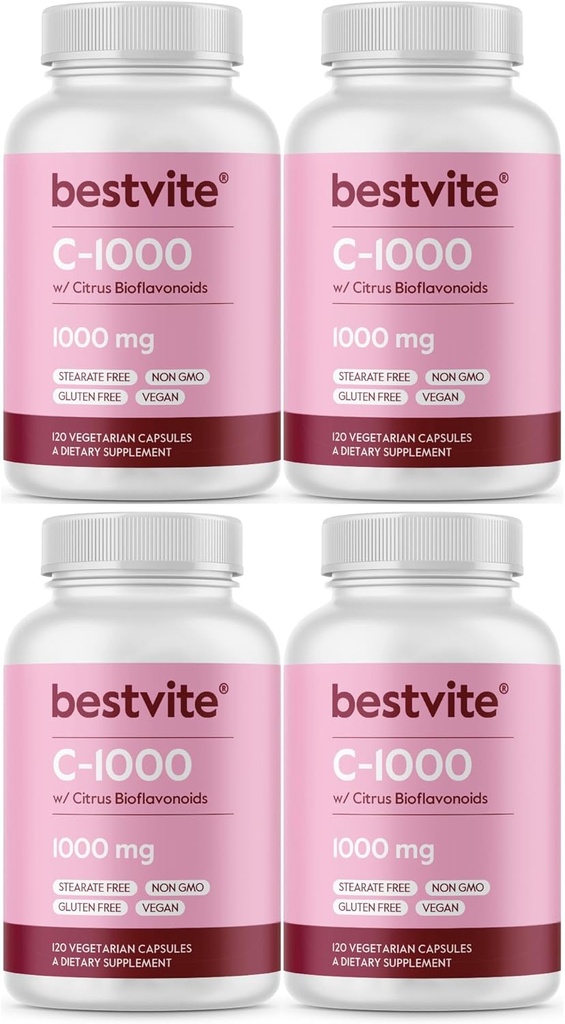 BESTVITE vitamín C 1000mg (480 Vegetariánske kapsuly) (120 x 4) s Citrus Biofavinoidy - žiadne stearáty - Vegan - Non GMO - Gluten Free