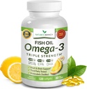 Best Triple Strength Omega 3 Fish Oil Pills 2400mg | 120 Capsules | Burpless High Potency Lemon Flavor | 864mg EPA 576mg DHA Ultra Pure Liquid Softgels | Brain Joints Eyes Hair Heart Health Supplement