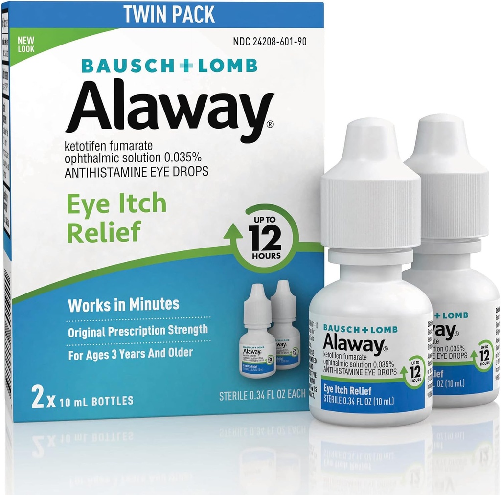 Alaway Antihistamine Eye Drops for Itchy Eyes, Fast-Acting, Up to 12-Hour Eye Itch Relief, Clinically Tested Prescription-Strength Formula, 0.34 Fl Oz (Pack of 2)