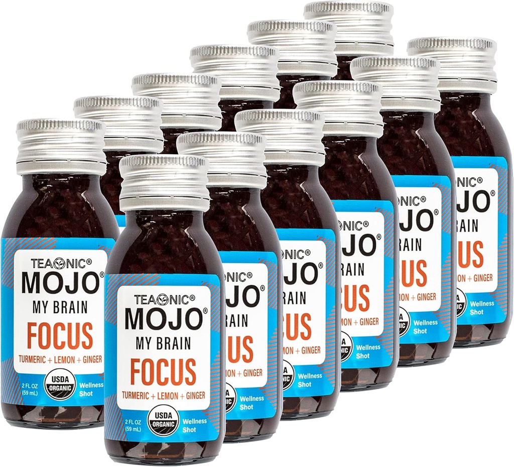 TEAONICKÉ Môj mozog Mojo: Focus Wellness Shots - USDA-Certifikovaný Vegan Formula s Ginkgo Biloba, Ginger, Turmerica - 12 fliaš x 2 Fl Oz Každý - Gluten-free, non-GMO