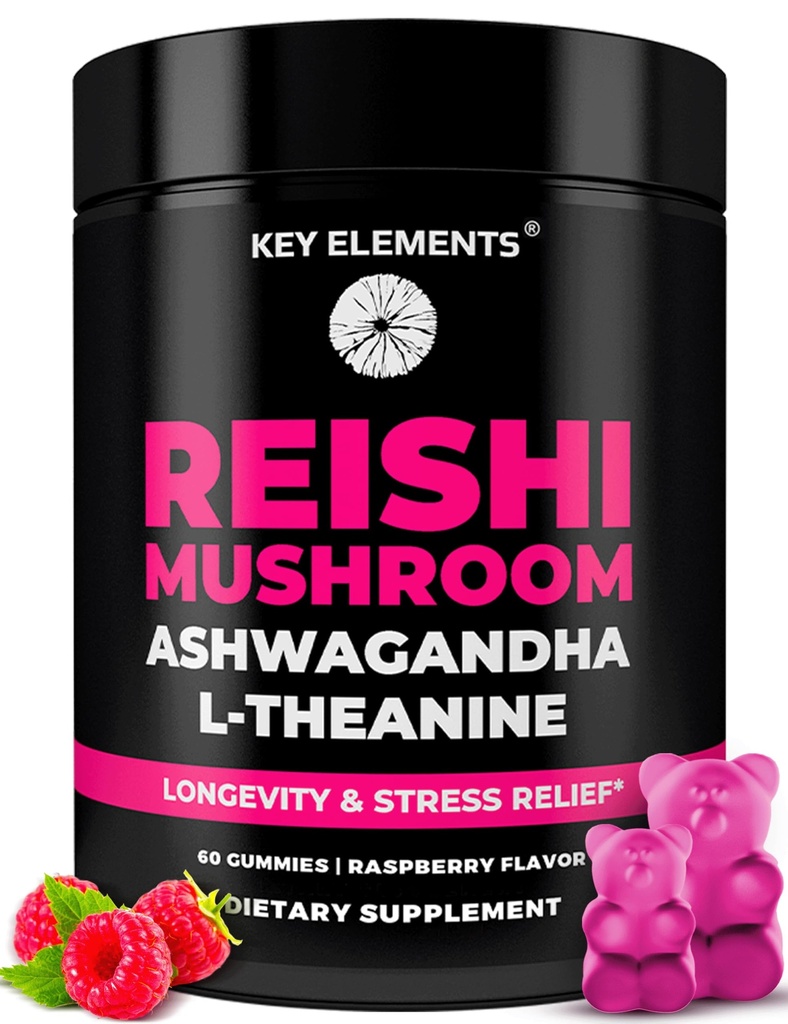 Natural Reishi Huba Gummy & L Theanine s Ashwagandha - Silné Huba Doplnky pre imunitnú podporu, Zmiernenie stresu a zlepšenie spánku Gumies - Ashwagandha Gummy pre ženy a mužov