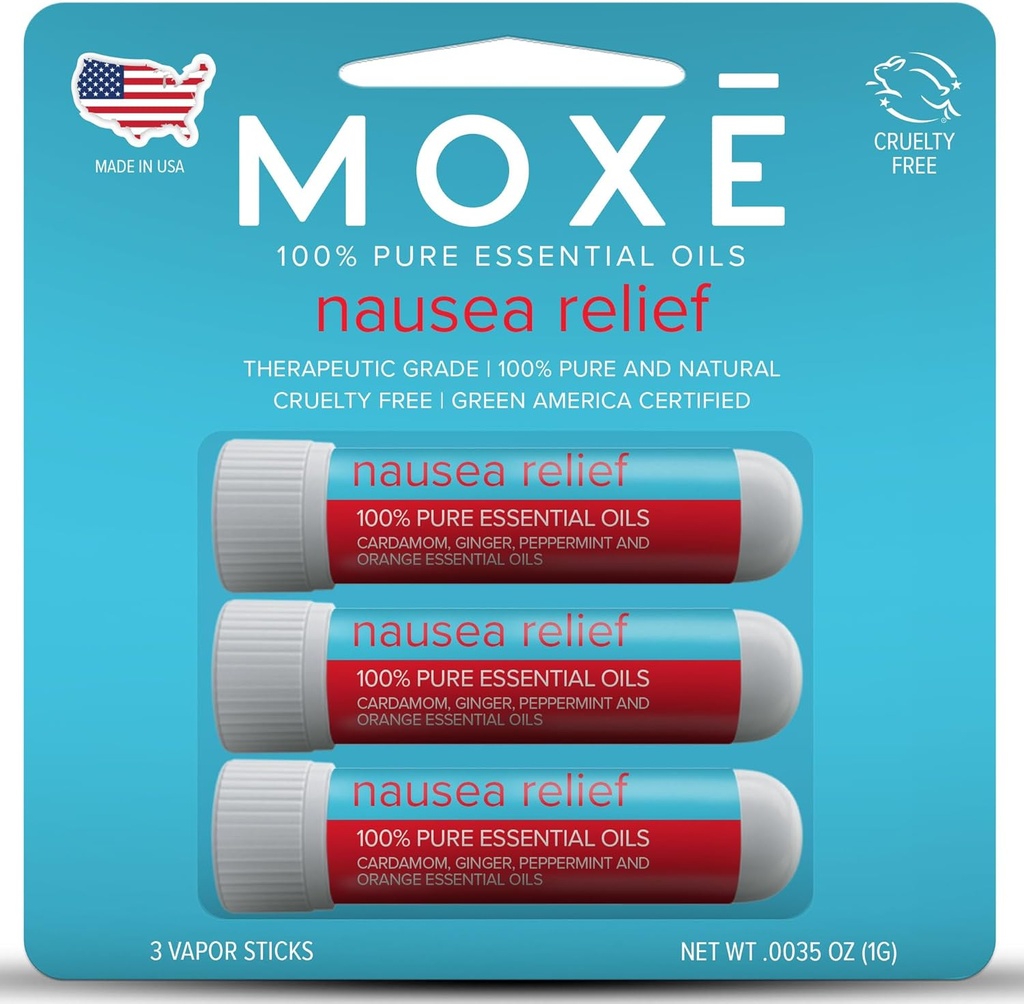 MOXE Nauzea Nasálny inhalátor Sticks, All Natural Essential Oil Blend, Ginger, Cardamom, Peppermint, Sweet Orange, Upset Žalúdok, bolesti hlavy, Easy-to-Use Prenosná Aromaterapia, Vyrobené v USA, 3 balenie