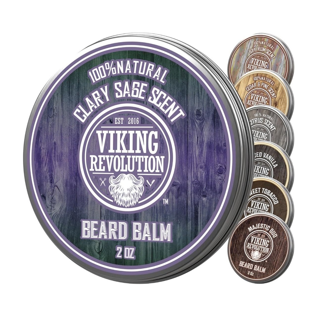 Viking Revolution Clary Sage Brada Balm - Brada maslo s arganovým olejom, bradový zmäkčovač pre mužov s jojobovým olejom - bradový zvlhčovač pre mužov s včelím voskom - bradový vosk pre mužov (2oz, 1 balenie)