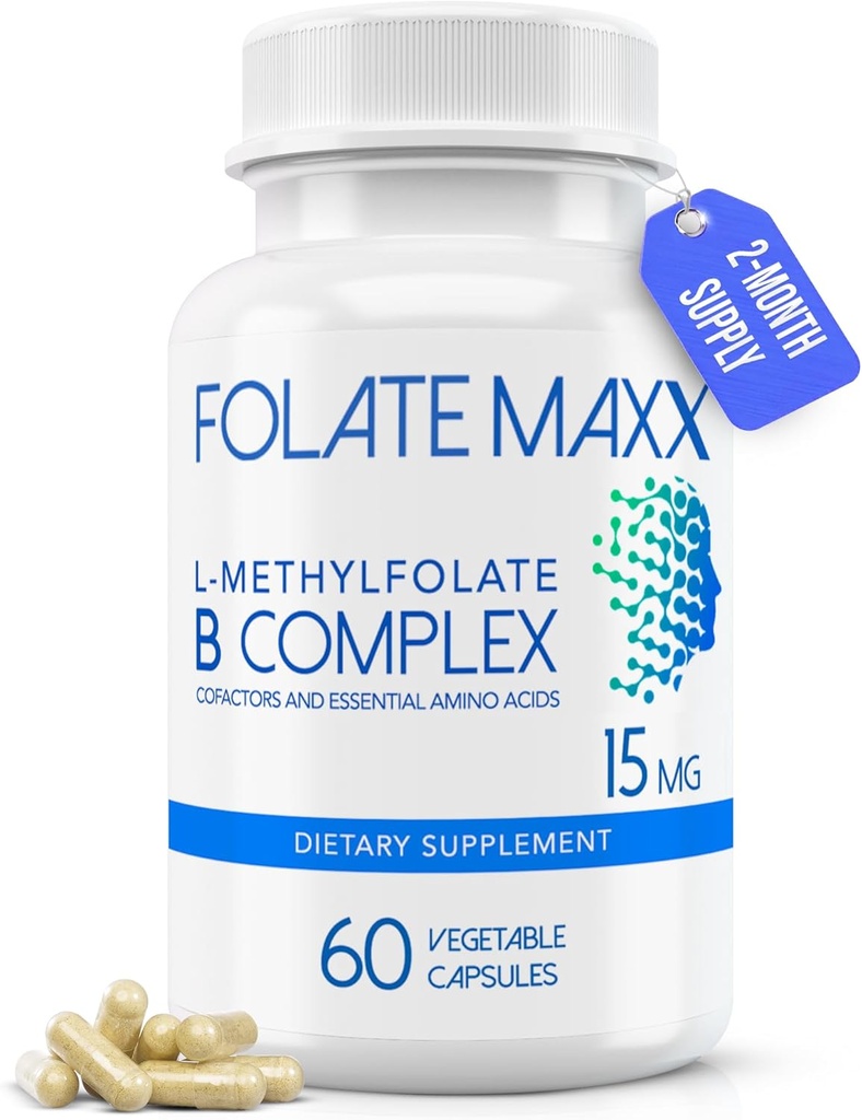 FolateMaxx L-metylfolát + B12 Metylkobalamín & B6 Blend (15 mg) - 60 kapsúl - Active B- Complex s kofaktormi a esenciálnymi aminokyselinami - Non GMO, bez lepidla, bez plnív