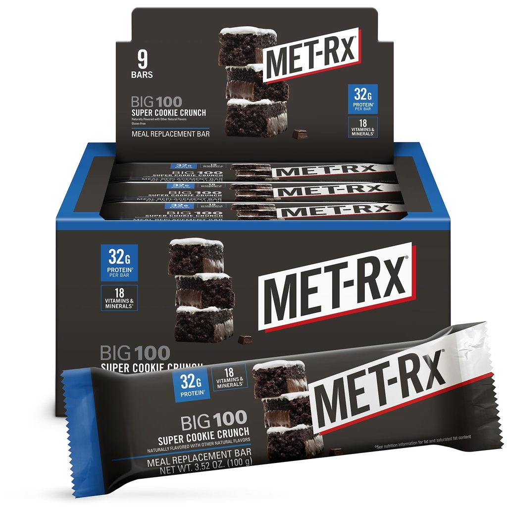 MET-Rx Big 100 Protein Bar, Bar na výmenu jedla, 32G Protein, Super Cookie Crunch, 9 Barov (Pack of 1)