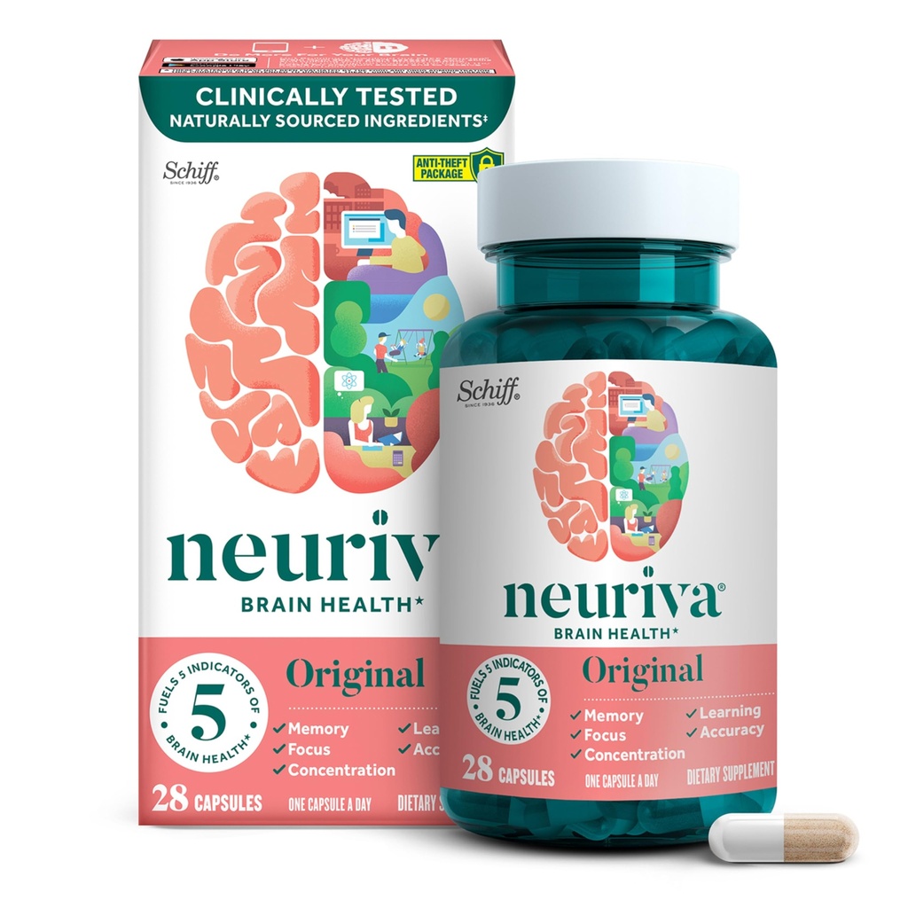 NEURIVA Original Decaffeinated Clinically Tested Nootropic Brain Supplement for Memory, Focus & Concentration, NeuroFactor & Fosfatidylserine, 28ct Kapsule