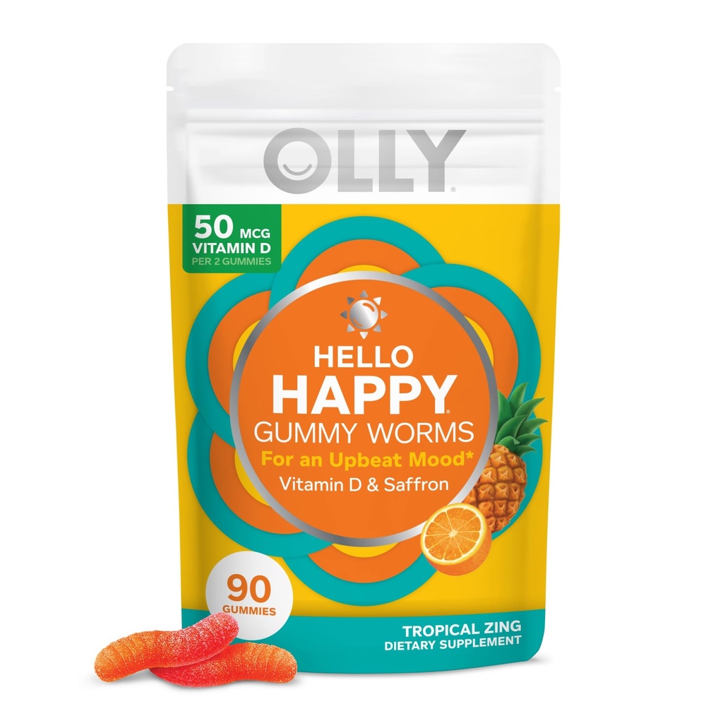 OLLY Hello Happy Gummy Worms, Mood Balance Support, Vitamín D, Saffron, dospelý Chewable Supplement, Gluten Free, Tropical Zing - 90 Počet
