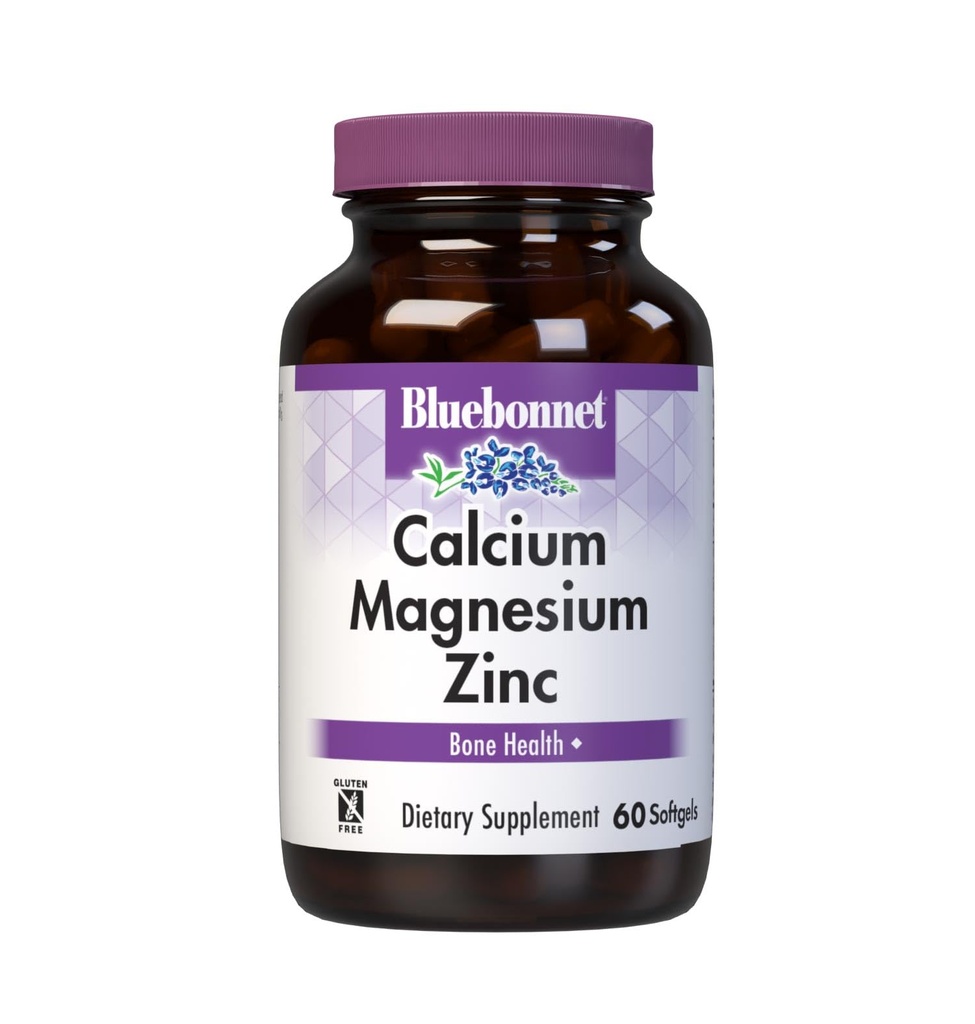 Bluebonnet Nutrition Calcium Magnézium Zinok Plus Vitamín D3, 1000 mg vápnika, 500 mg horčíka a 15 mg zinku, 400 IU vitamínu D3, pre silné zdravé kosti*, bez lepku, Mliečna kosť, 60 softgel