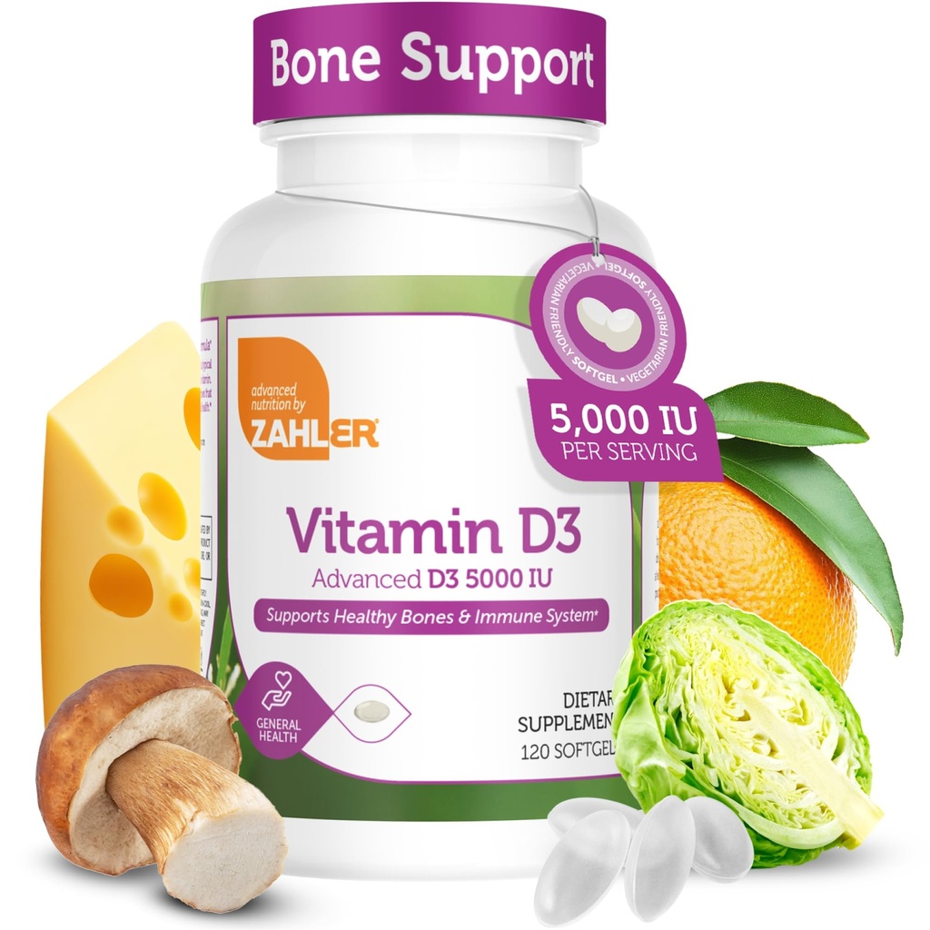 Zahler - Advanced Vitamin D3 5000 IU Softgels (120 gróf) Košer Vegetarián Priateľsky Vitamín D pre imunitnú podporu, kosti, zuby a svalové zdravie - Denné D3 Vitamínové doplnky pre dospelých - Ľahké prehltnutie V