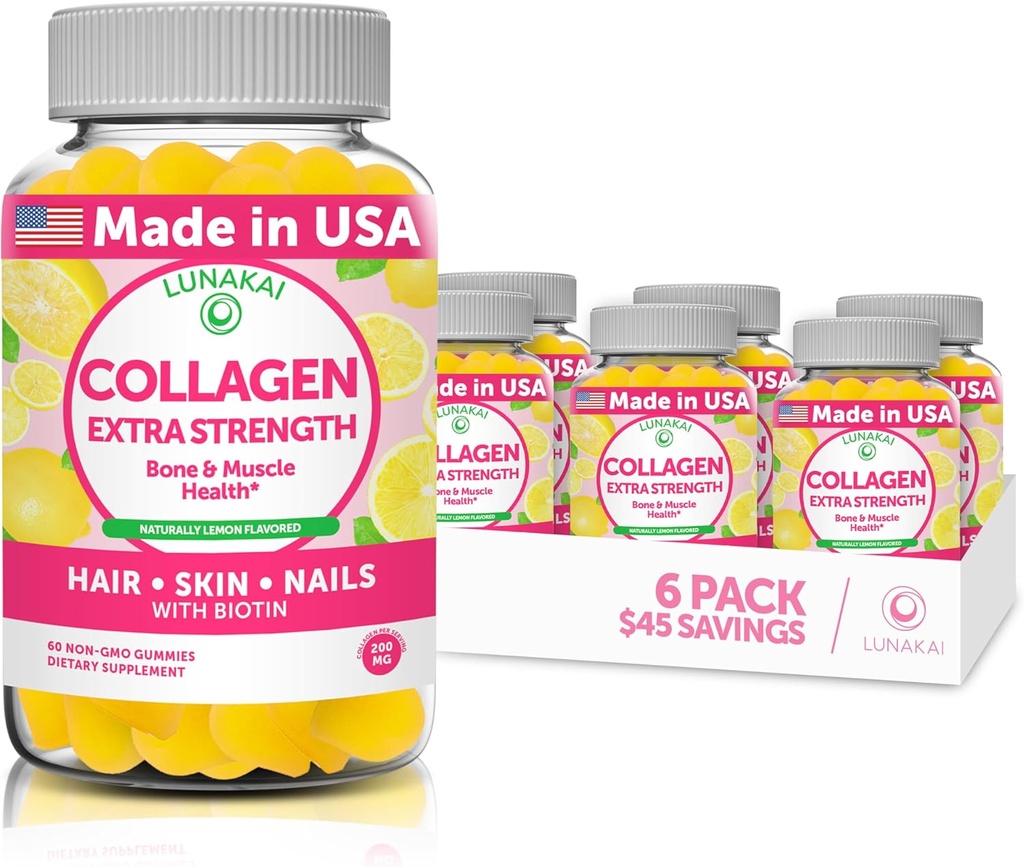 Lunakai Collagen Gummies - Najchutnejšie Prostredie Formula - 200mg Hydrolyzed Collagen Gummies for Women and Men with Biotin, Zinok, Vitamín C and E - Non-GMO Anti Aging Supplement for Women - 6 pack