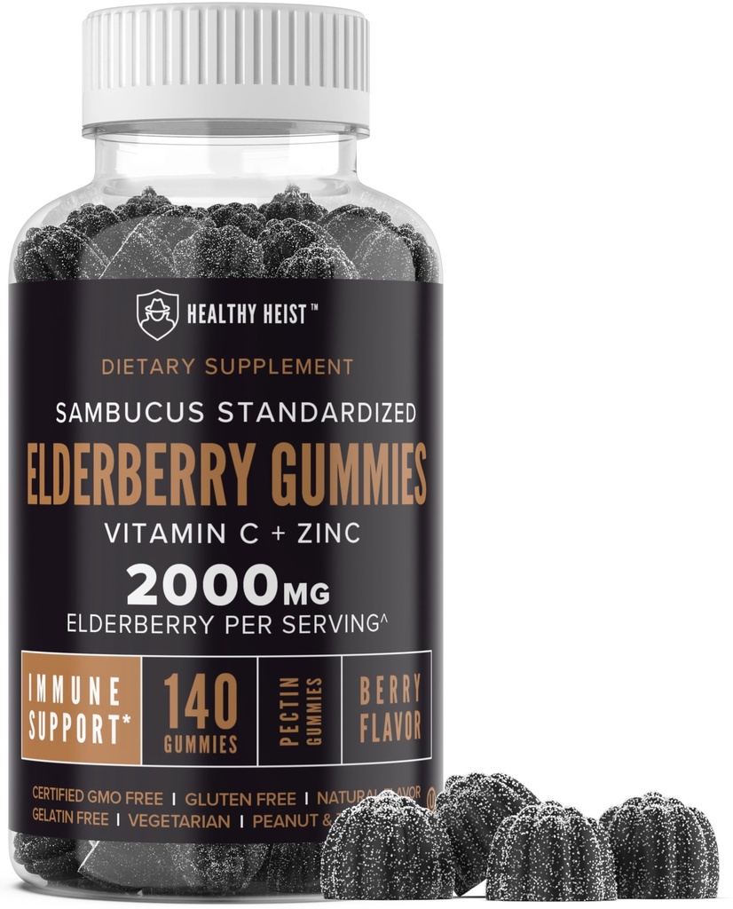 Sambucus Black Elderberry Gummies s zinkom a vitamínom C, 140 Gummies, Žuvacia imunitná podpora pre dospelých a deti, Non GMO, Kosher, pektín, Vegan, Delicious Berry Flavor