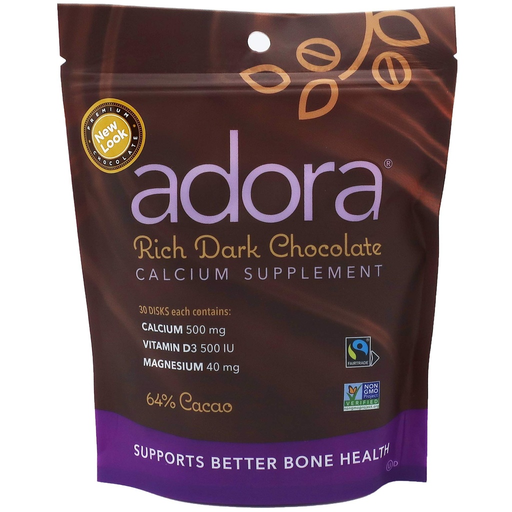 Adora Calcium Supplement, Fairtrade Dark Chocolate, jedno balenie - 30 ot