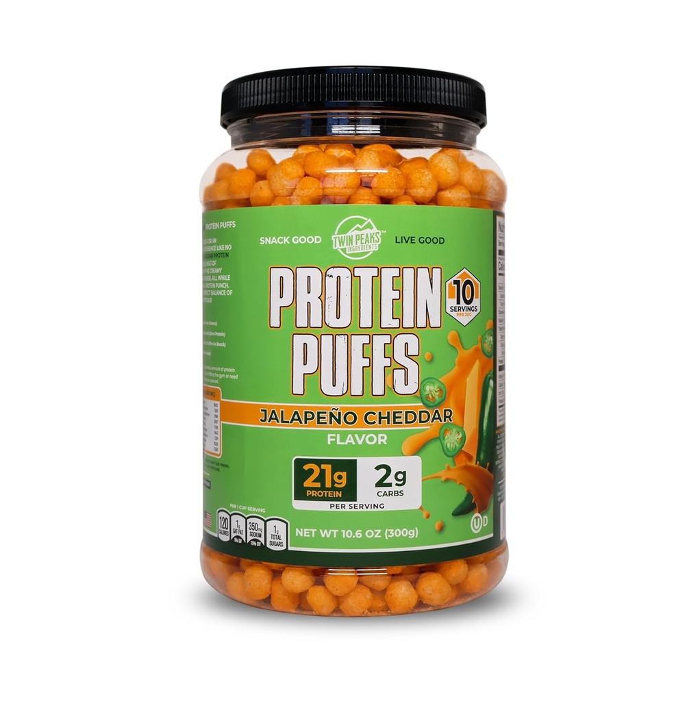 Twin Peaks Protein Puffs - (Jalapeno Cheddar), Keto Friendly, Low Carb Snack (300g, 21g Protein, 2g Net Carbs, High Protein, Healthy Crunchy Snack)