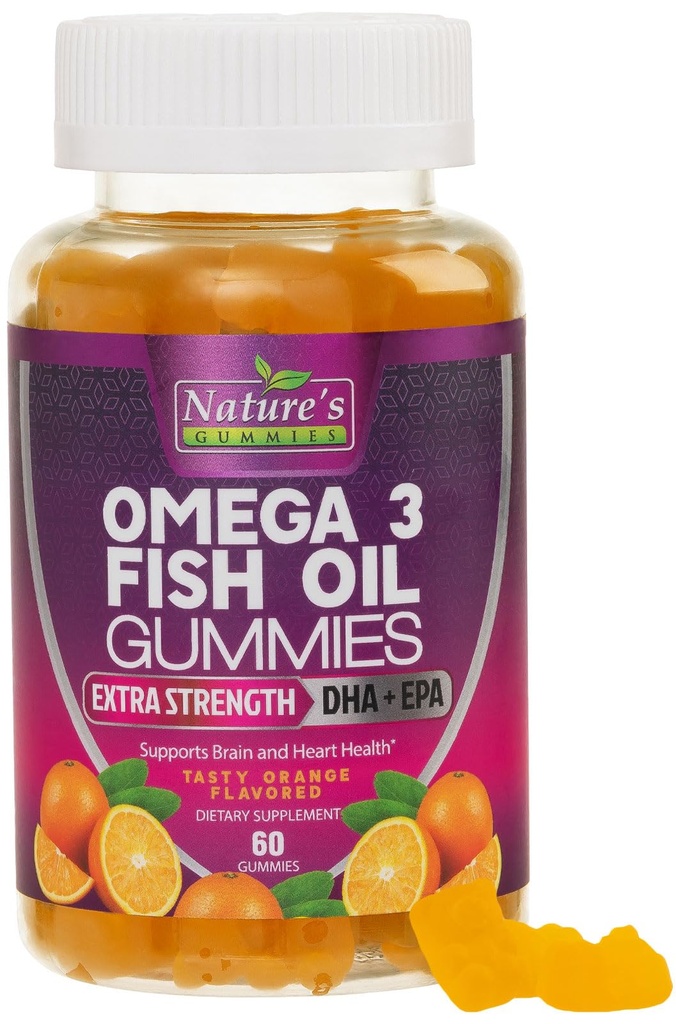 Omega 3 Rybí olej Gumies, Srdce zdravé Omega 3 Gumový doplnok s vysokou absorpciou DHA & EPA, Extra sila Podpora kĺbu a mozgu, Delicious Orange Flavor Rybí olej Nature vitamín - 60 Gummies