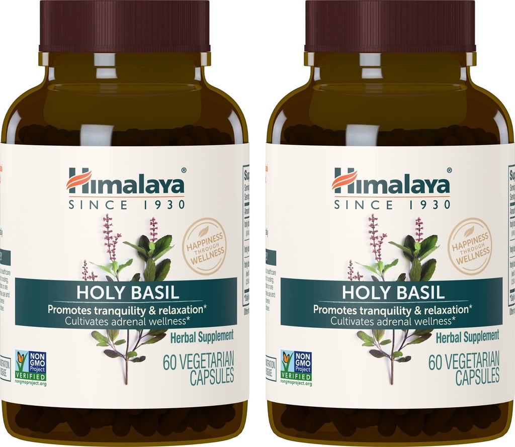Svätá bazalka Himalája, 60-dňová zásoba - Bylinná adrenálna podpora pre úľavu od stresu, relaxáciu, podporu energie a príležitostnú nespavosť - Vegan, Non-GMO, Gluten Free, 720 mg, 60 kapsúl, balenie 2 ks