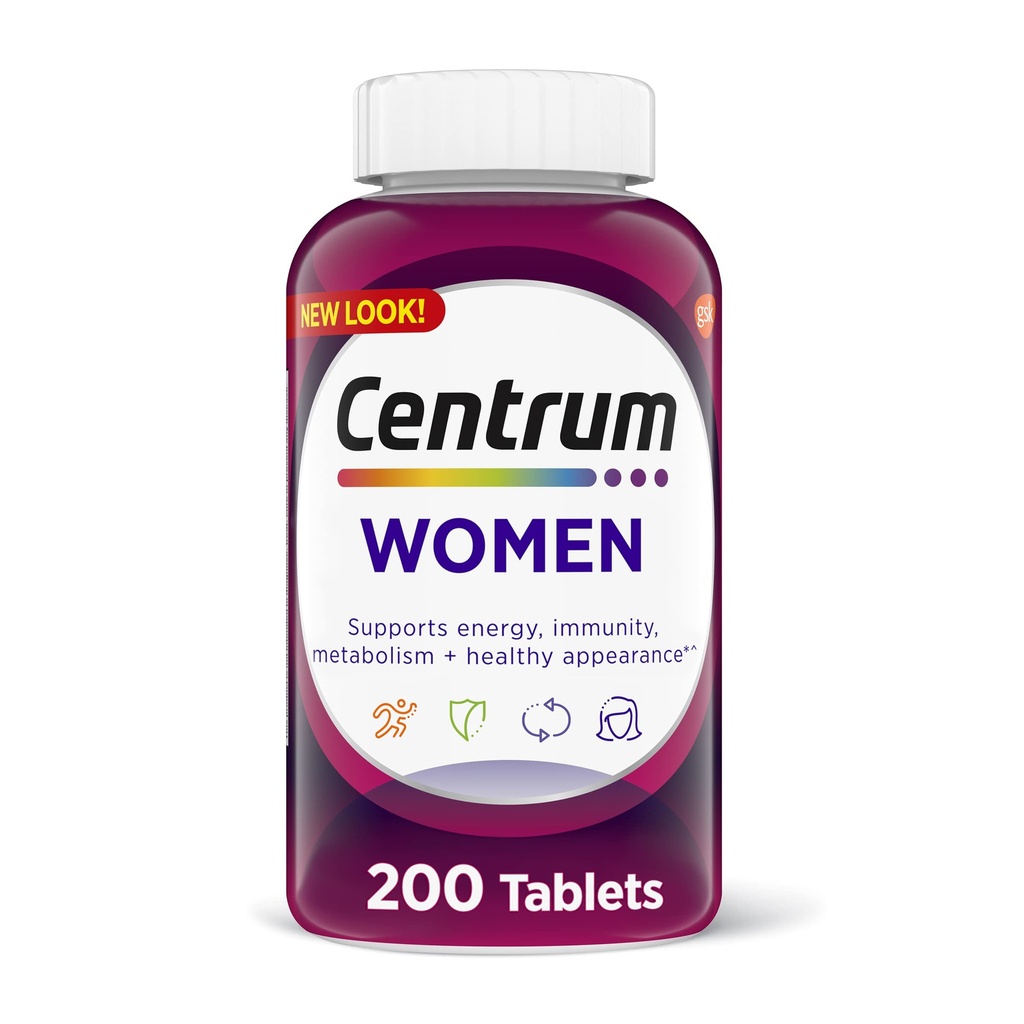 Centrum Multivitamínová tableta pre ženy, multivitamínový/multiminerálny doplnok so železom, vitamínom D3, B Vitamíny a antioxidant vitamíny C a E, bez lepidla, non-GMO zložky - 200 Počet