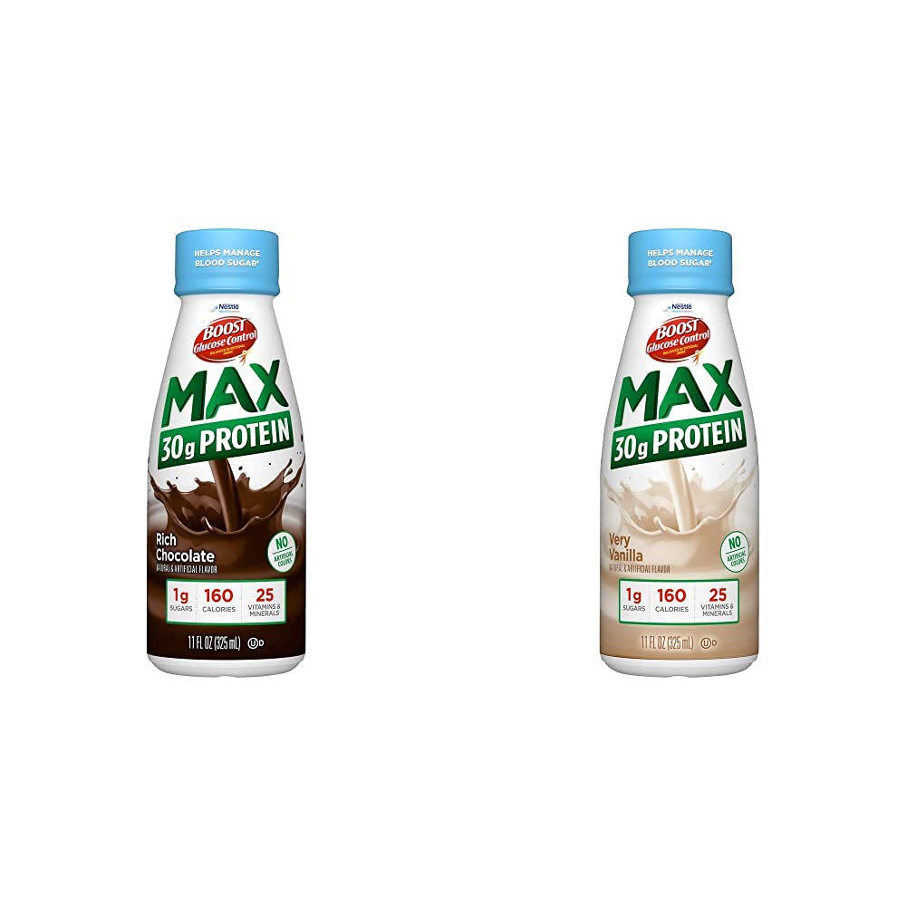 BOOST Glukóza Control Max 30g Bielkoviny Nutričný nápoj, 12 Bohatá čokoláda + 12 Veľmi Vanilková (Obsah 24)