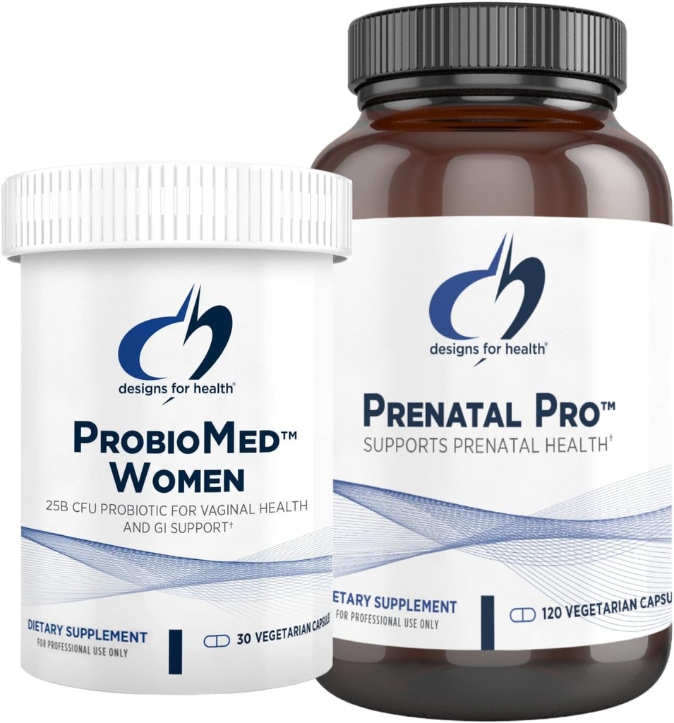 Dizajn pre zdravie Prenatálne a probiotické Bundle - Prenatálne Pro (180 kapsúl) Prenatálne multivitamíny s folátom a so súvisiacimi minerálmi a ProbioMed Ženy (30 kapsúl) Gut Health & Vaginal Probiotic