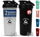 2 Pack 45 oz Protein Shaker Bottles with Wire Whisk – BPA-Free, Leak-Proof Shaker Cups for Protein Shakes & Smoothies – Large Plastic Mixer Bottle – Classic White & Midnight Black