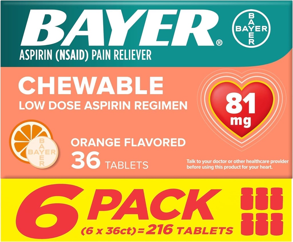 Bayer Aspirin Nízka dávka 81 mg žuvacie tablety, Bolesť Reliever, Orange Ochutené, 216 tabliet (6 balení)