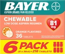 Bayer Aspirin Nízka dávka 81 mg žuvacie tablety, Bolesť Reliever, Orange Ochutené, 216 tabliet (6 balení)