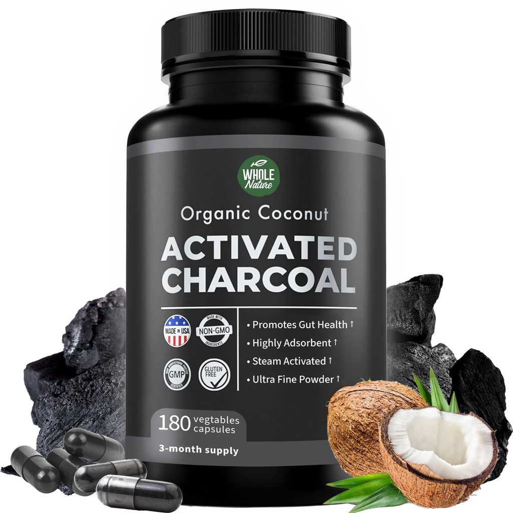 Pure Coconut Activated Charcoal Kapsule - 180 Charcoal Pills, Pomáha s teeth Whitening, Bloating a Body Cleaning. Non-GMO - Gluten Free, Vegan