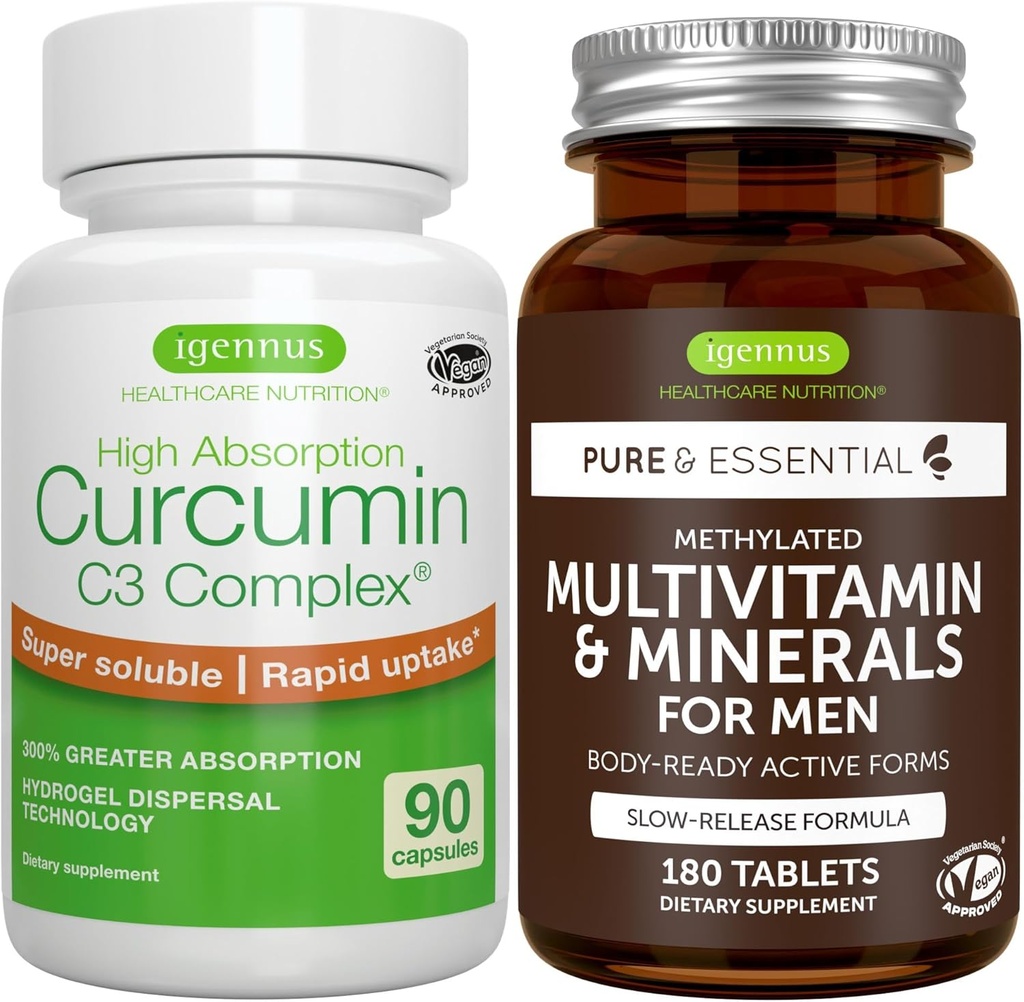 Multivitamín a minerály pre mužov + vysoká absorpcia Curcumin C3 Complex, Vegan Bundle, Trvalé uvoľnenie Advanced Multivitamín + 300% Väčšia absorpcia Curcuminoids s rýchlym vychytávaním, Igennus