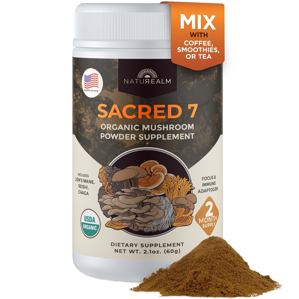 Naturealm Sacred 7 Organické Huba Supplement 100% Ovocný telo extrakt prášok s Lions Mane, Reishi, Chaga & More 