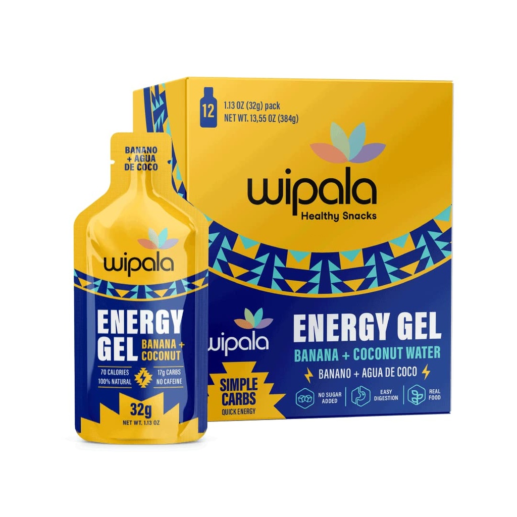 Wipala Energy Gel, Banana Coconut, 12 Balenie - Bez kofeínu, Certified Vegan, Non GMO - Čistá energia pre vytrvalosť cvičenie, beh a výkon