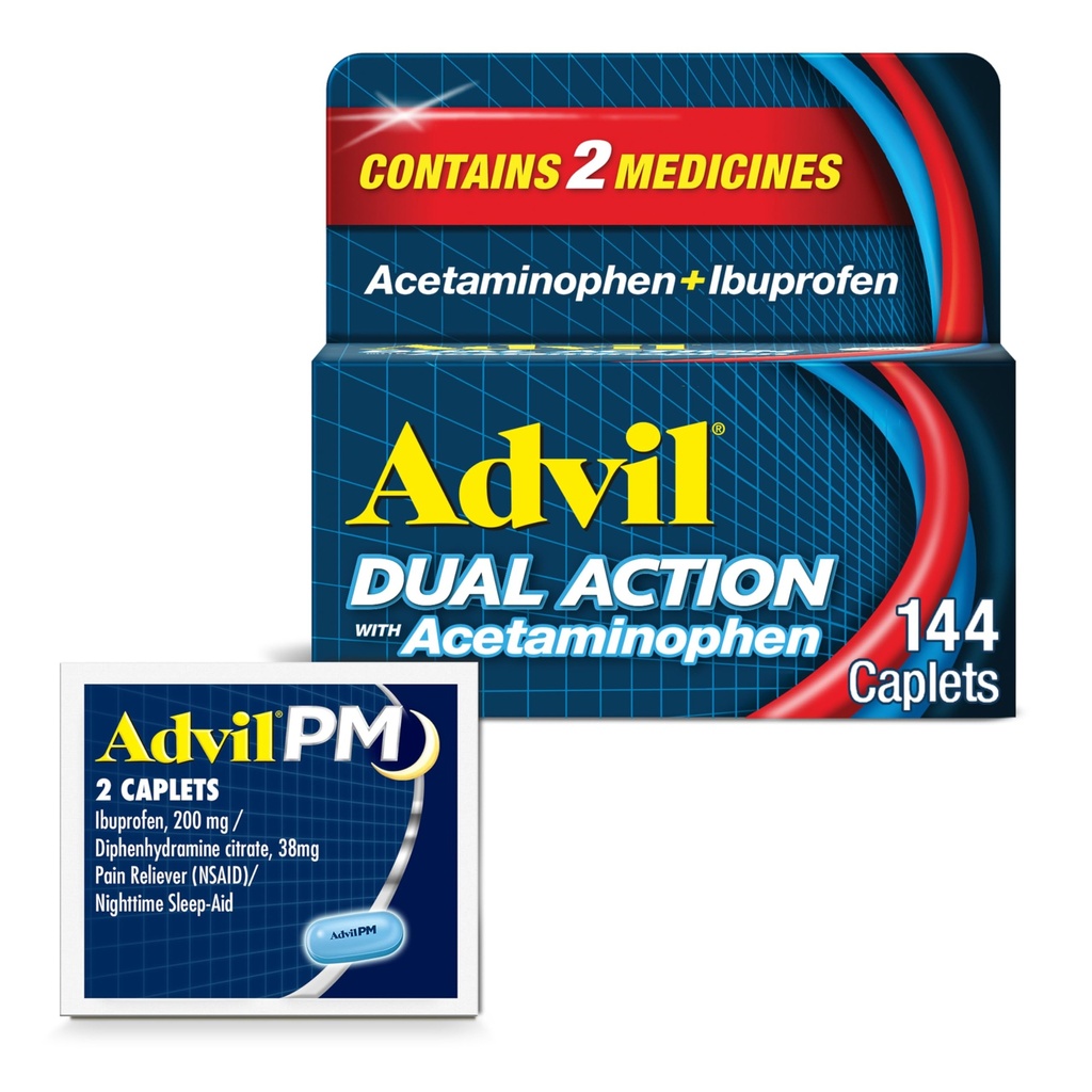 Advil Dual Action s acetaminofénom a Ibuprofenom (2 ekvivalent dávky) Pre 8 Hodinovú úľavu od bolesti, potiahnuté 144 Ct Caplets a 2 Ct. Vzorka Advil PM