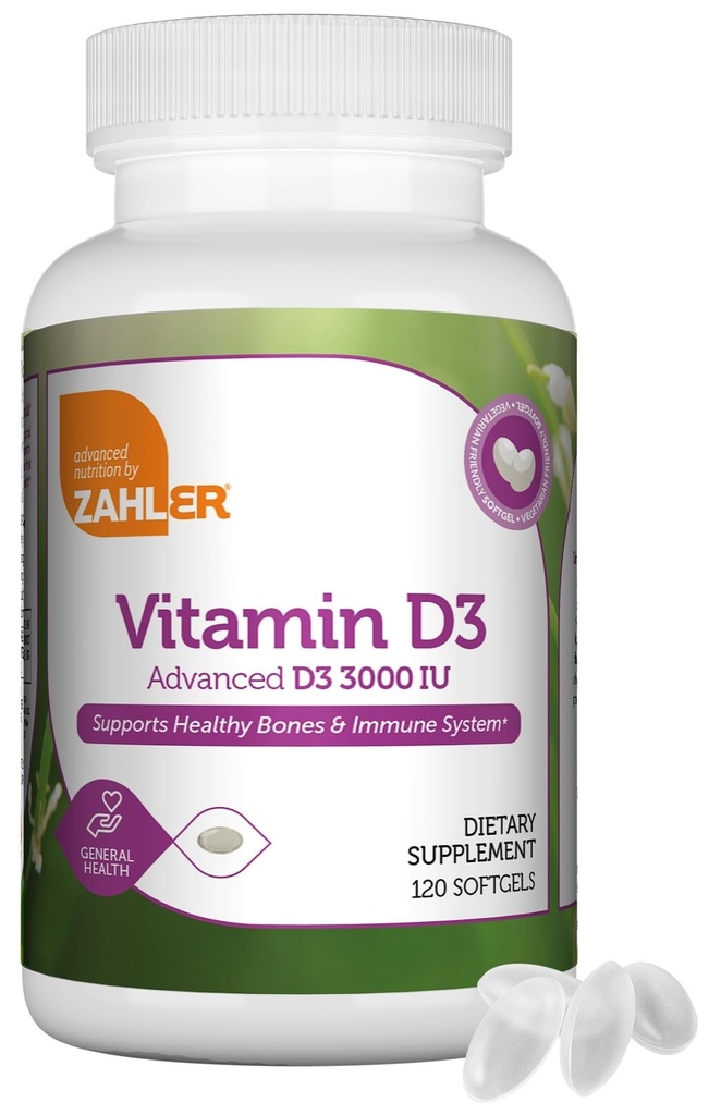 Zahler - Advanced Vitamín D3 3000 IU Softgels (120 gróf) Kosher Vegetarián Priateľsky Vitamín D pre imunitnú podporu, kosti, zuby a svalovú hmotu - Denné D3 Vitamínové doplnky pre dospelých - jednoduché prehltnutie.