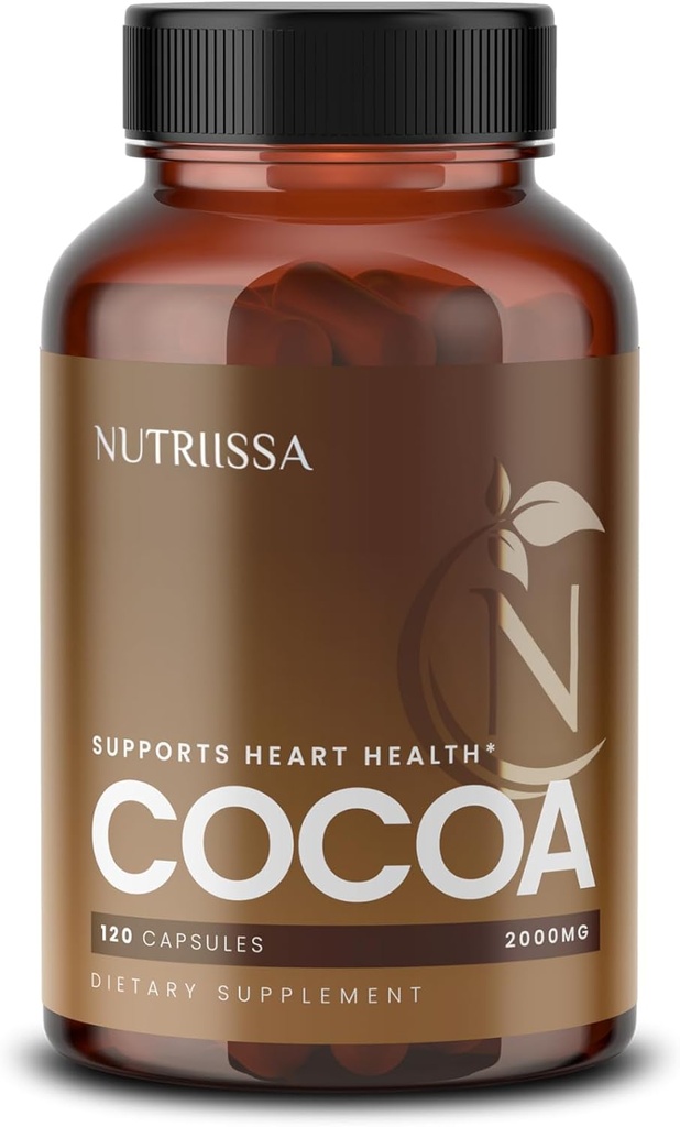 Nutrissa Kakaové kapsule 2000 mg - Advanced Heart Health, Nitric Oxide & Circulation Support - 500mg Cocoa Flavanols per Serving - EPEB Certified for Phytogenity & Potency - Vegan, 120 Capsules, 40 Servings