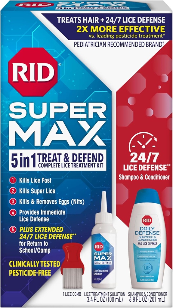 RID Super Max Lice Liečba Kit, zabije Lice & Super Lice & Vajcia + 24/7 Lice Defense, Pesticíd bez, 3,4 FL OZ Solution + 6.8 FL Daily Defense Shampoo & Conditioner + Nit odstránenie Comb