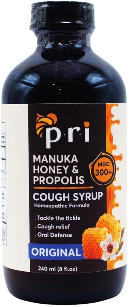 P.R.I Natural Dry Cough Sirup s Manuka Honey, Propolis, Tea Tree Oil a vitamín C - Sore Throat & Immune Support, Original Flavor, 8oz