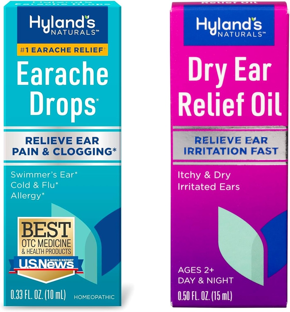 Bundle of Hyland's Earache kvapky 0.33 Fl Oz a suchý olej na úľavu od ucha, uľaviť podráždenie ucha rýchlo, pre svrbenie a suché zavlažované uši, vek 2 a hore, deň a noc kvapky, 0.5 Ounce
