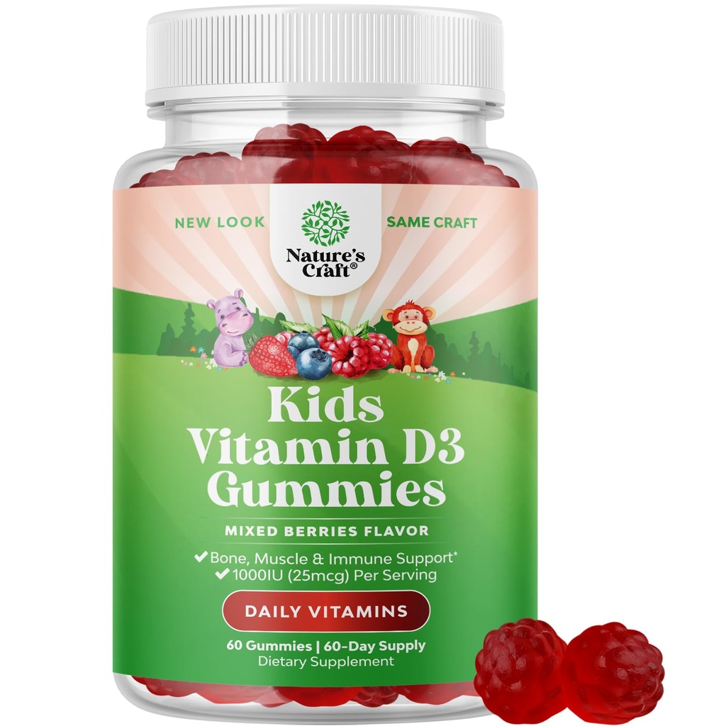 Žuvacie vitamín D Gumies pre deti - Delicious vitamín D 1000 IU na obsluhu - Batoľatá Imunitná podpora Gummy - Bobule Ochutené doplnok pre kosť zdravie a svalov - Želatína zadarmo - 60 Žuvačky