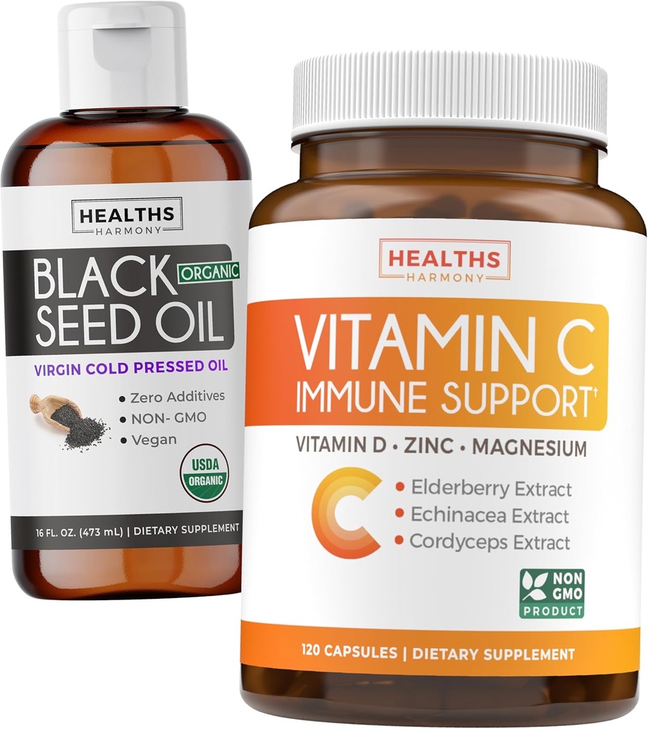 Black Seed Oil Liquid & Immune Support (2-Month Supply) Immune Maximizer Bundle - Black Seed Oil Liquid (16fl.oz) Premium Cold-Pressed Clack Cumin Seed Oil & Vitamin C Immune Support (120 Veg Caps)