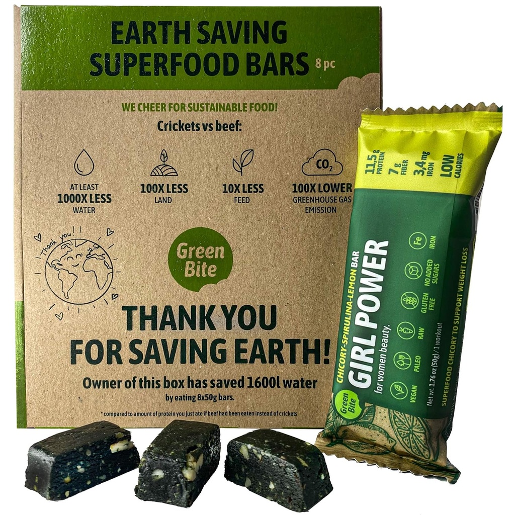 Girl Power Protein Bary s nízkym obsahom kalórií High Protein, Bary na výmenu jedál pre najlepší obrázok, Vegánske proteínové snacks, Železo-Rich Protein Bary, Bez cukru, Spirulina citrónová príchuť, Balenie po 8 - Zelená Bite