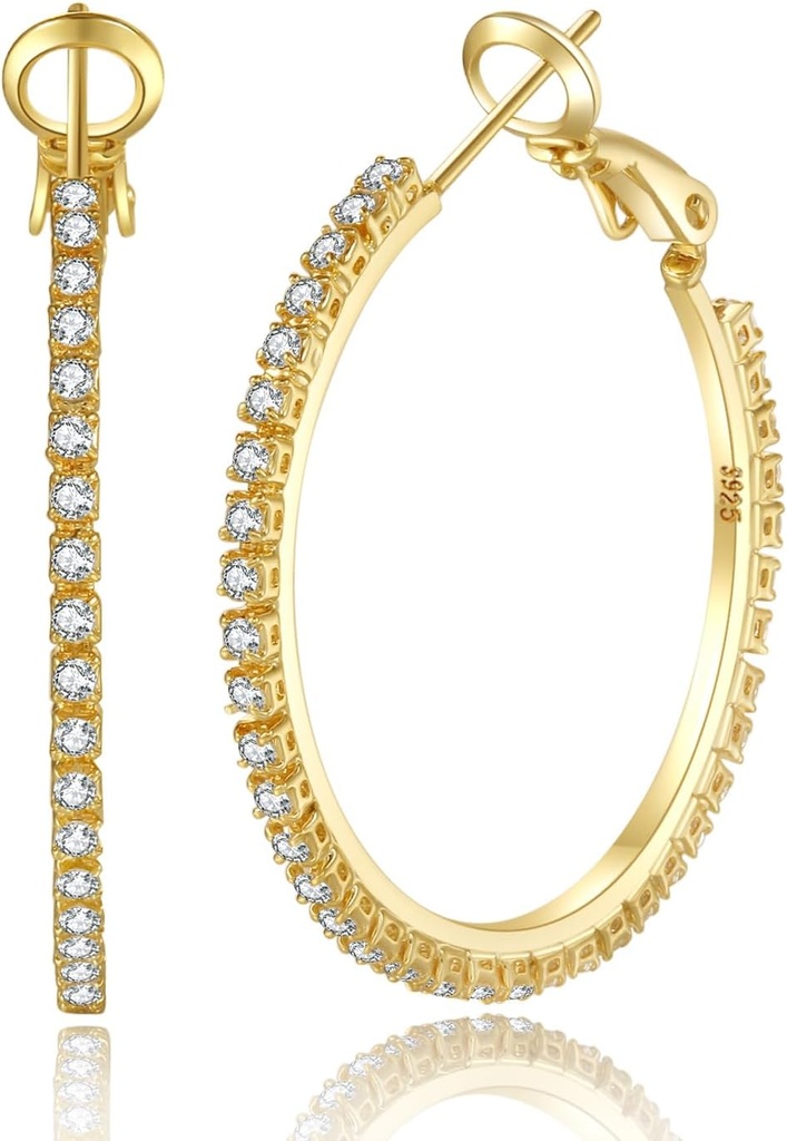 PABBEU 2mm 925 Sterling Strieborné náušnice Big Sterling Silver Hoop náušnice pre ženy Veľký Kamienky Hoop náušnice tenké Hypoalergénne Cubic Zirconia Náušnice pre ženy 30/40/50/60/70 mm