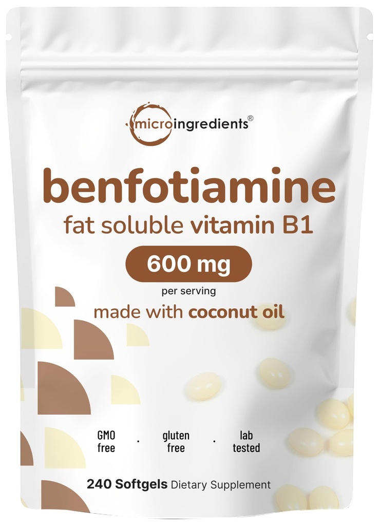 Micro Ingrediencie Vitamín B1 Benfotiamín 600mg za obsluhu, 240 Coconut Oil Softgels 