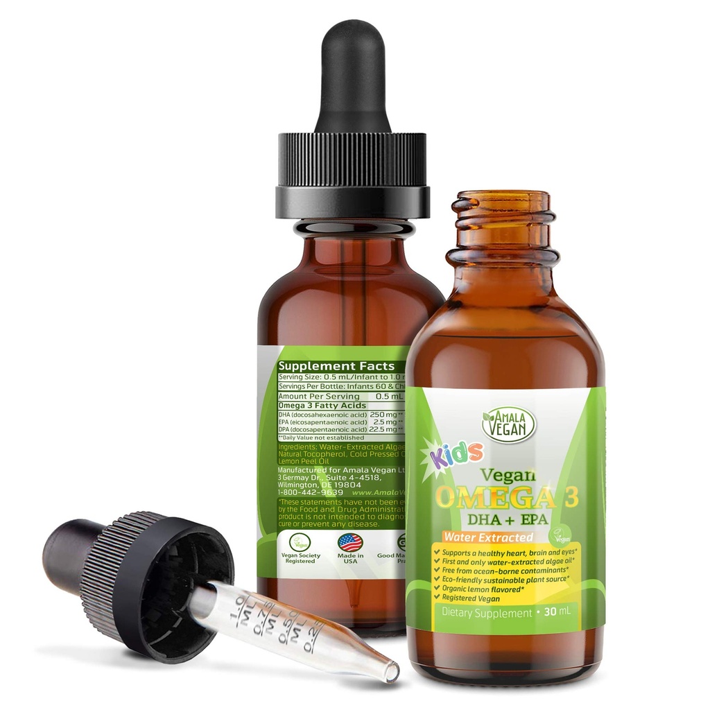 Omega 3 pre deti - Organický citrón, Vegan, Liquid Supplement - Detský rybí olej s DHA, EPA, DPA Mastné kyseliny - Rastlinné založené Algae olej - Immune, srdce, mozog zdravie pre deti- 30-60 dávky