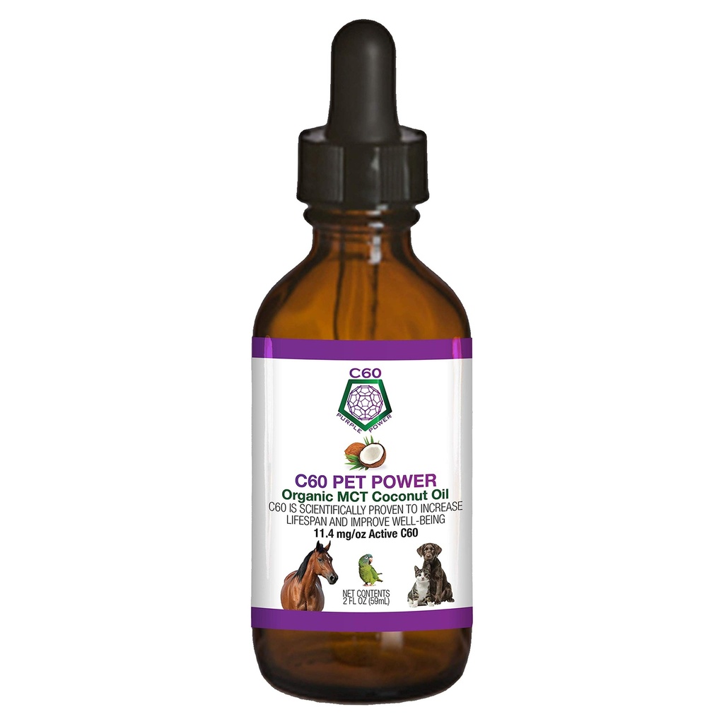 C60 Power for Pets - C60 in Organic MCT Coconut Oil, Natural Wellness Support for Dogs & Cats, Pure Carbon Fullerenes, Propaguje zdravé starnutie, energie, & Mobility - 2 fl oz fľašu