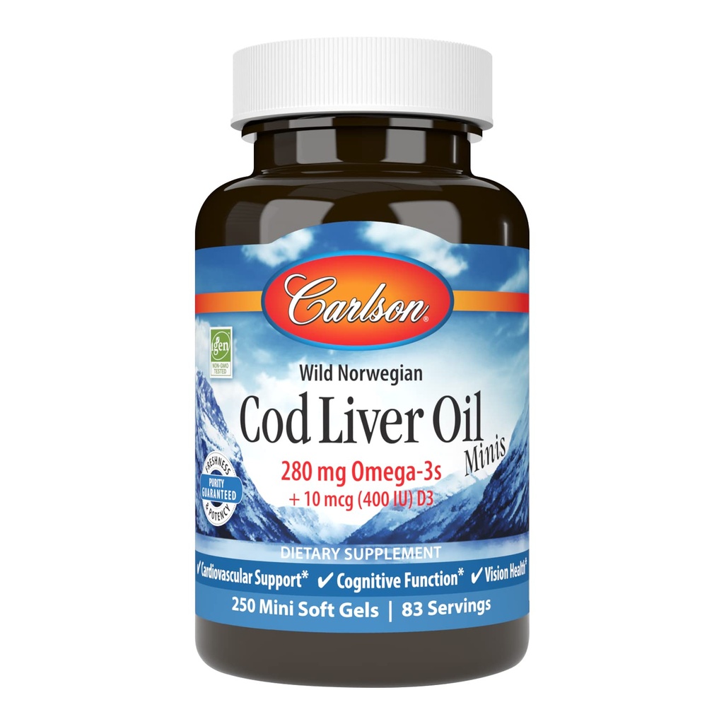 Carlson - Cod Liver Oil Minis, 280 mg Omega-3s + Vitamíny A a D3, Srdcová podpora a kognitívna funkcia, Vision Health, 250 Mini mäkké gély