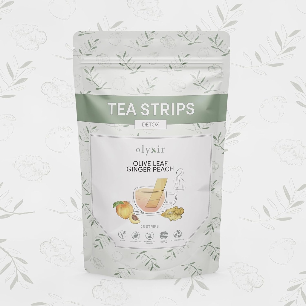 Olyxir Detox Tea Strips - Natural Olive Leaf, Ginger, & Peach Flavors - Instant, Energizing, Organic, Paleo, Vegan, Non-GMO 25 Ct