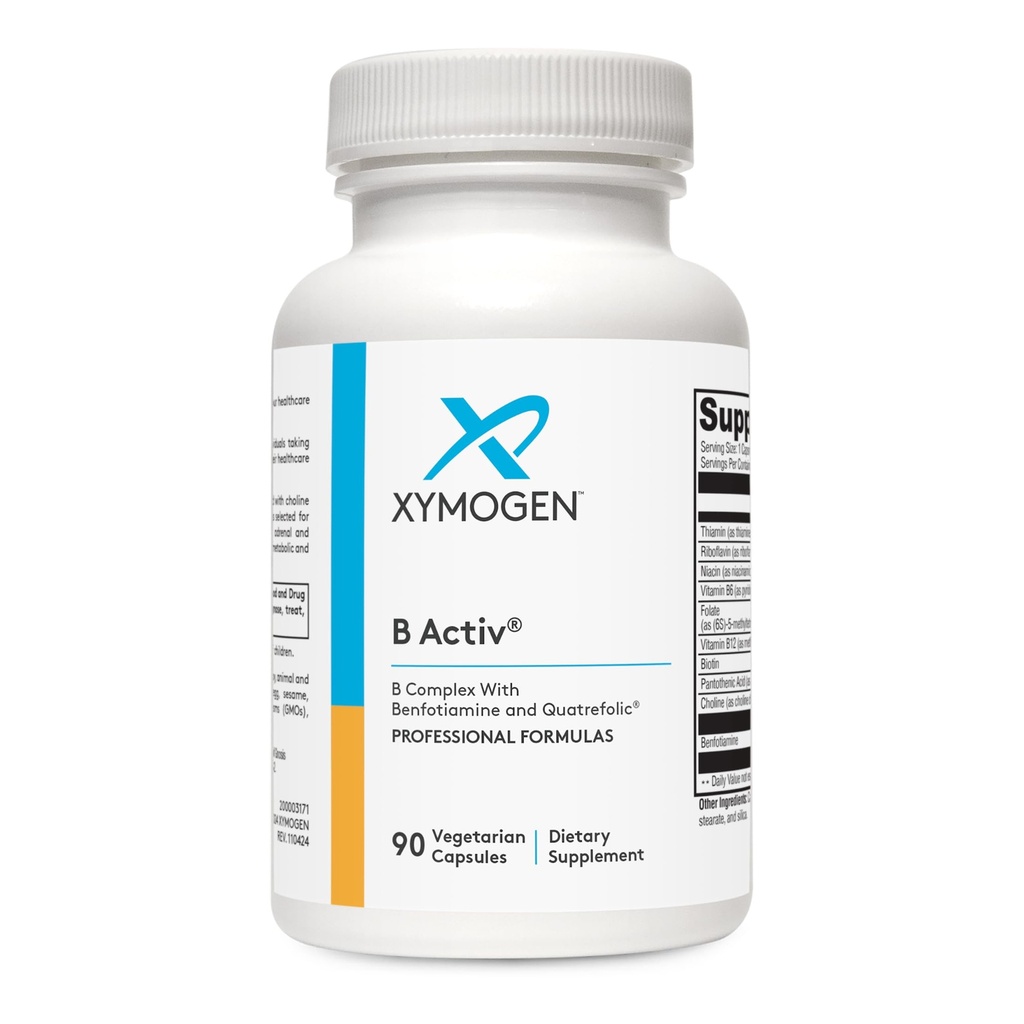 XYMOGEN B Activ Vitamín B Complex s benfotiamínom, metylfolátom, biotínom, vitamínom B6 a B12 (metylkobalamín b12) - Energetické doplnky pre Adrenal & Mood Support (90 kapsúl)